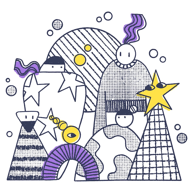 Vector group of abstract comic character family diversity inclusion concept simple modern line graphic