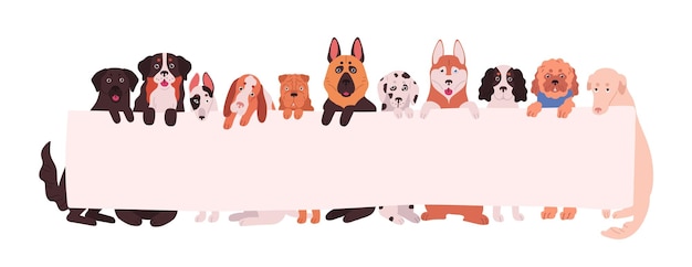 Vettore gruppo di adorabili cani di razze diverse che tengono banner vuoto con posto per testo. divertenti animali domestici o animali domestici con cartello isolato su sfondo bianco. piatto del fumetto illustrazione vettoriale.