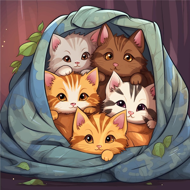 Vector a group of adorable kittens cuddled up together in a cozy blanket fort vector