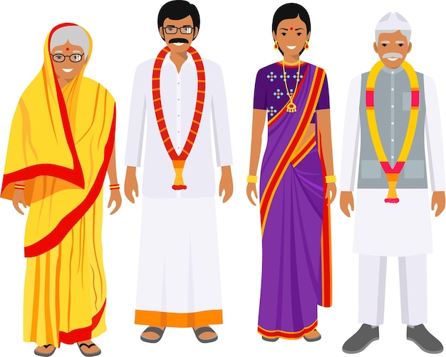 Group Adult Indian Men and Women Different Ages Standing Together in Traditional National Clothes