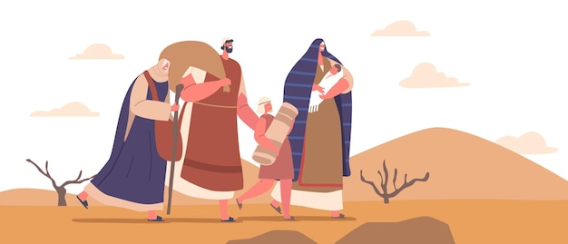 Group Of Adult And Kid Israelite Characters With Belongings Walking Through Desert With Mountainous Terrain