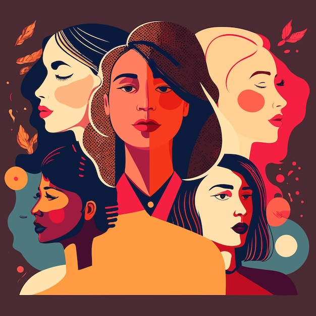 Vector group of adult women illustrating international women's day with fictional characters