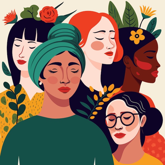 Группа взрослых женщин, иллюстрирующих международный женский день вымышленными персонажами