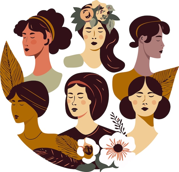 Vector group of adult women illustrating international women's day with fictional characters