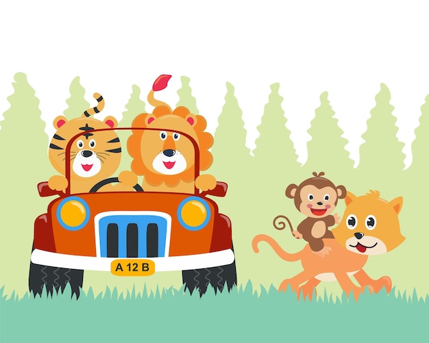 Group of animal cartoon having fun driving car on sunny day vector childish background for fabric textile nursery wallpaper card poster and other decoration vector illustration