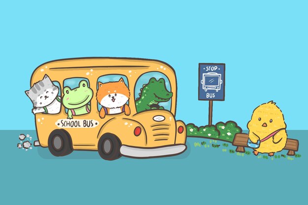 Group of animal students cat frog fox crocodile and chick on bus back to school