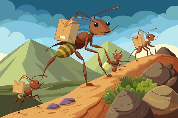 A group of ants carrying supplies up a rocky slope