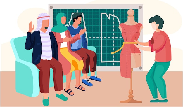 A group of arab people are discussing the design of a red dress with a tailor sitting on the sofa near the blackboard with a drawing The person on the left raises his hand and wants to say something