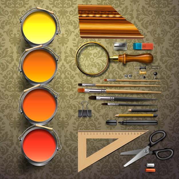 Vector group art supplies objects vector illustration