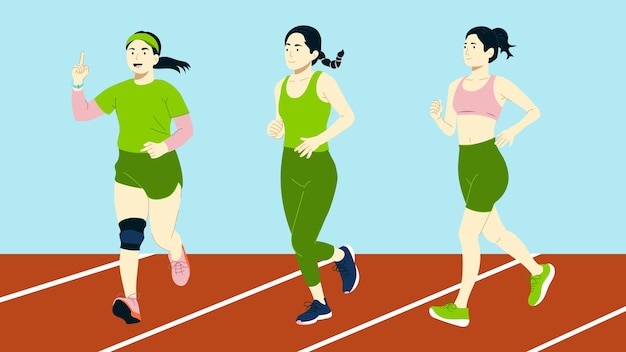 陸上競技場で走るアジア人女性グループ