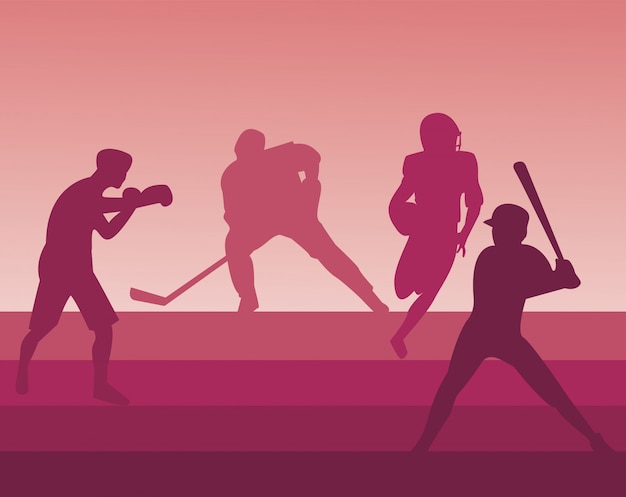 Group of athletic people practicing sports silhouettes\
illustration