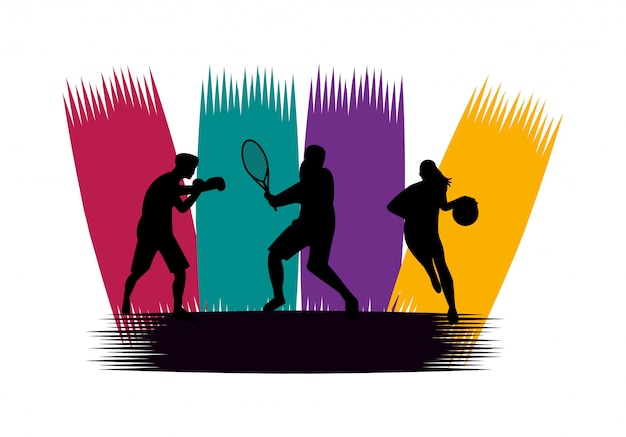 Group of athletic people practicing sports silhouettes