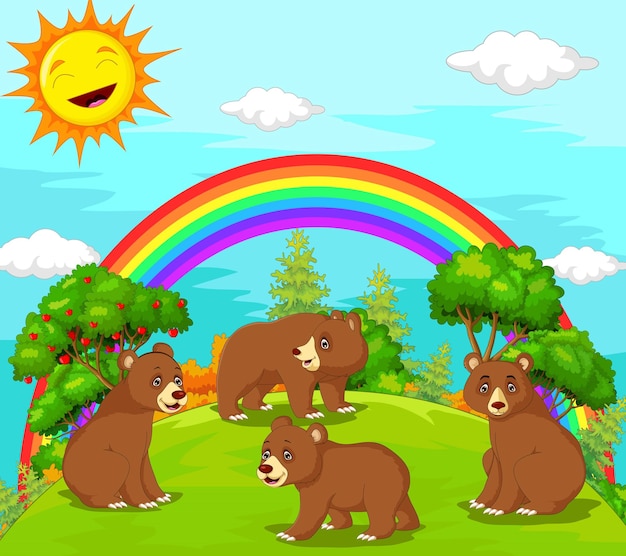 group of bear cartoon with landscape background