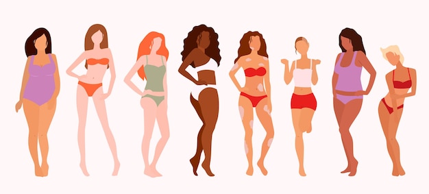 Group of beautiful women. body positivity. feminism, diversity, race equality vector illustration.