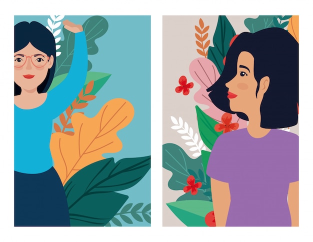 Vector group of beautiful women with leafs tropicals