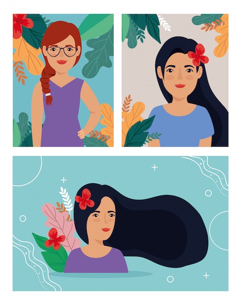 Vector group of beautiful women with leafs tropicals