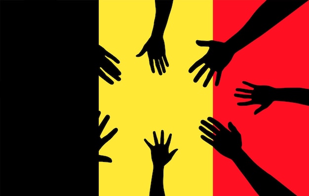 Vettore gruppo di persone belghe che raccolgono le mani unità della silhouette vettoriale o idea di supporto