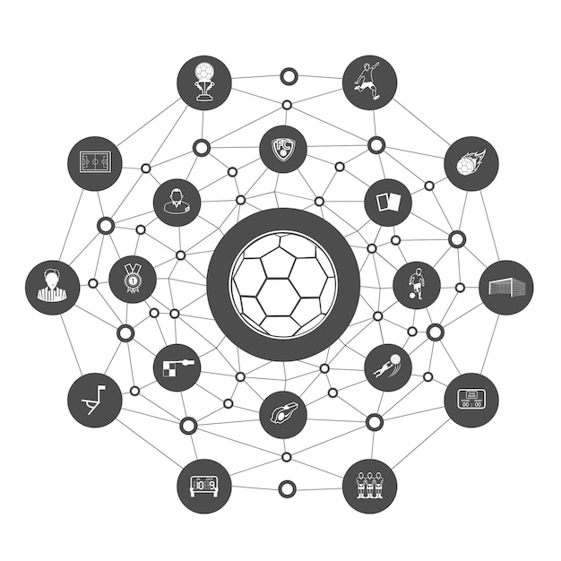 Группа черно-белых футбольных иконок с линейным многоугольником backgroundSoccer Learning concept
