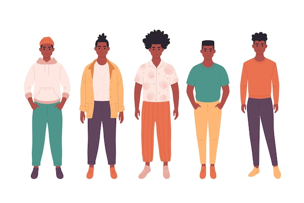 Vector group of black young men. african american guys. fashionable casual outfit.