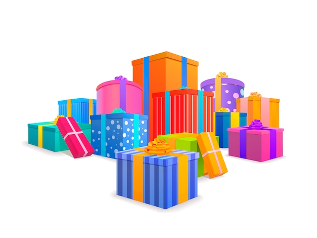 Vector group of bright, colorful wrapped gift boxes