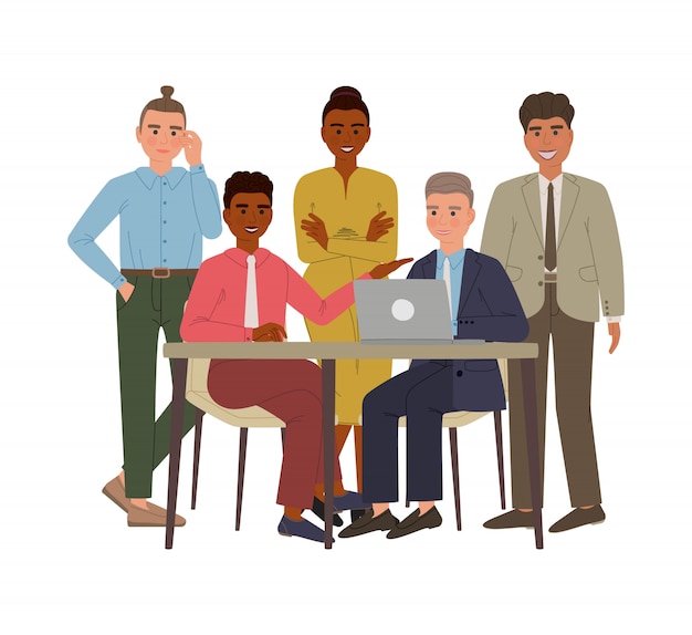 Vector group of business men and women in suits and office style cloth. a man sitting at the table with laptop discussing something with his colleagues. cartoon characters isolated.