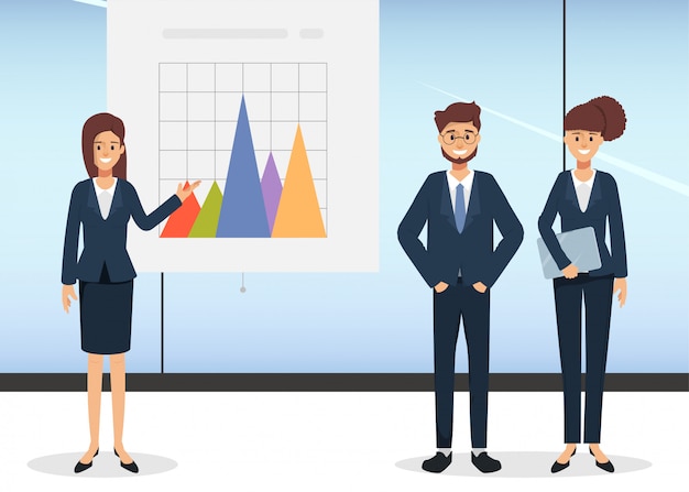 Group of business people presenting business chart on whiteboard. character people in seminar scene in office.