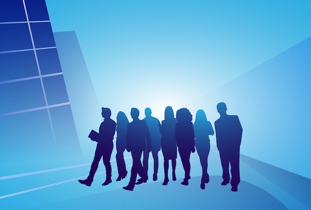 Group Of Business People Silhouette Businesspeople Walk Step Forward Over Abstract Background