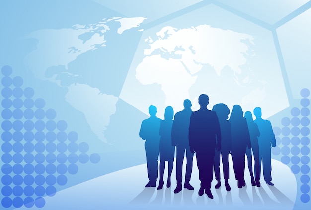 Vector group of business people silhouette walking over world map background businesspeople team concept