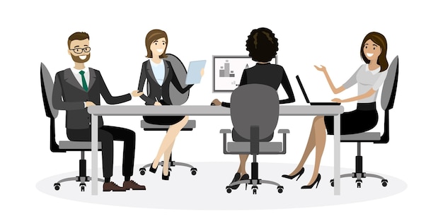 Vector group of business people sit at table cartoon businessman and businesswomen communicate vector