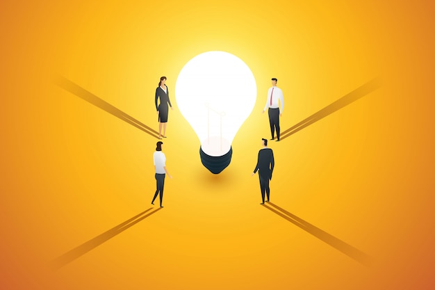 Vector a group of business people stand look and a brainstorm, inspiration, idea creativity thinking around light bulb. illustration