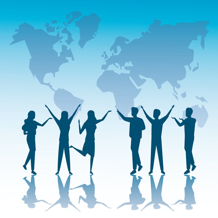 Vector group of business people teamwork silhouettes and earth planet maps