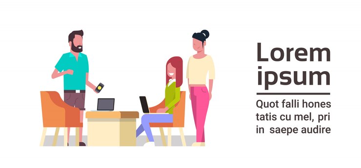 Vector group of business people working together sit at office desk coworking space concept mix race workers team brainstorming