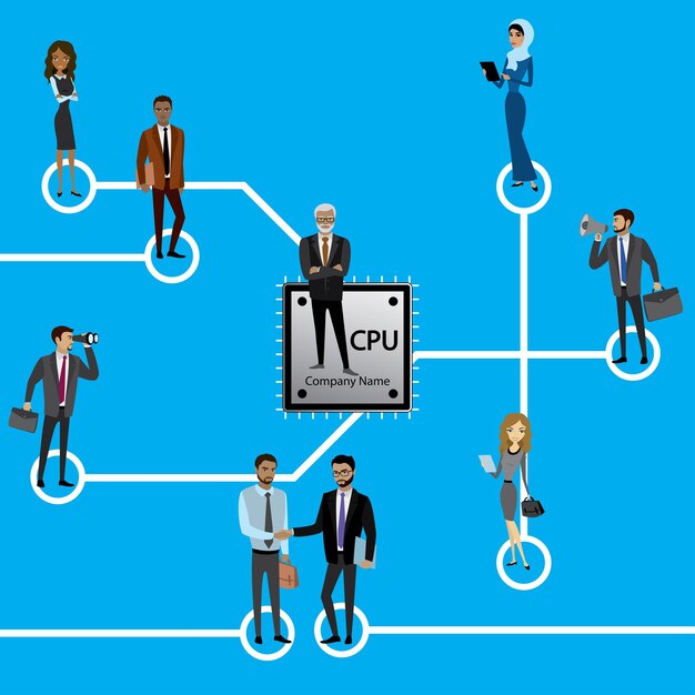 마이크로칩 및 회로 기판 Cpu 마이크로프로세서 위에 서 있는 사업가 그룹