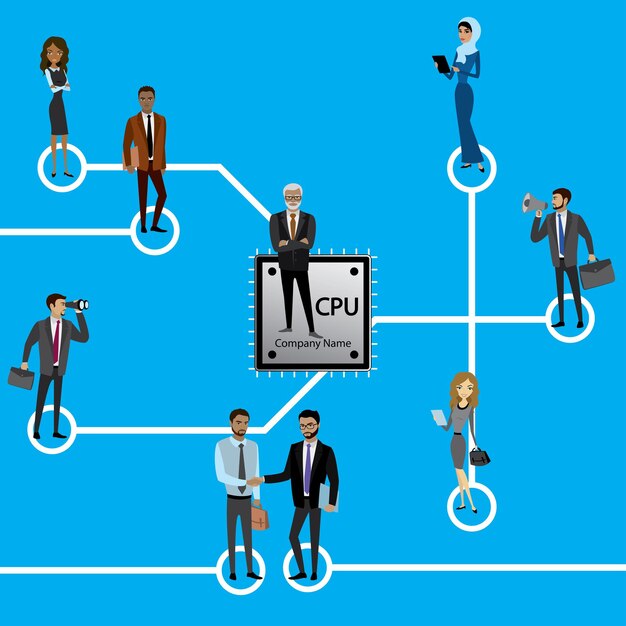 Vettore gruppo di persone d'affari in piedi su microchip e circuiti cpu microprocessore
