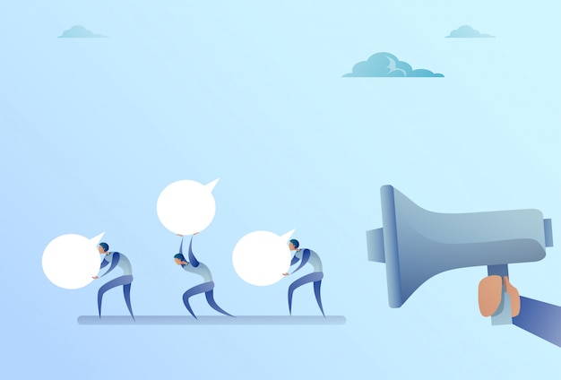 group of businesspeople hold chat bubble from business man boss hand with megaphone