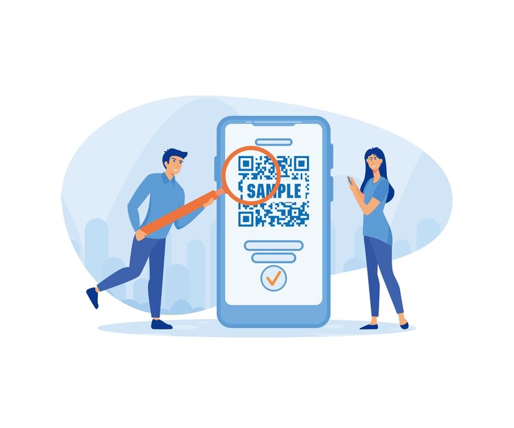 Vector group of businesspeople scan code using mobile phone