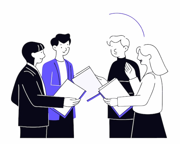 Группа бизнесменов с иллюстрацией коллективной работы портфеля