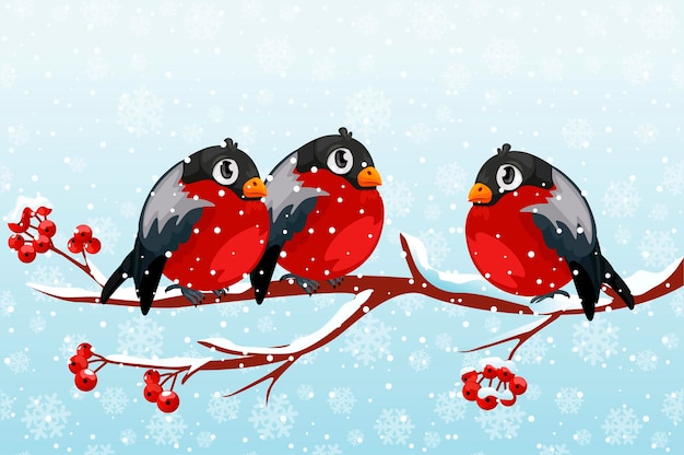 A group of cartoon bullfinches on a rowan branch. Red birds on a branch in winter with snow.