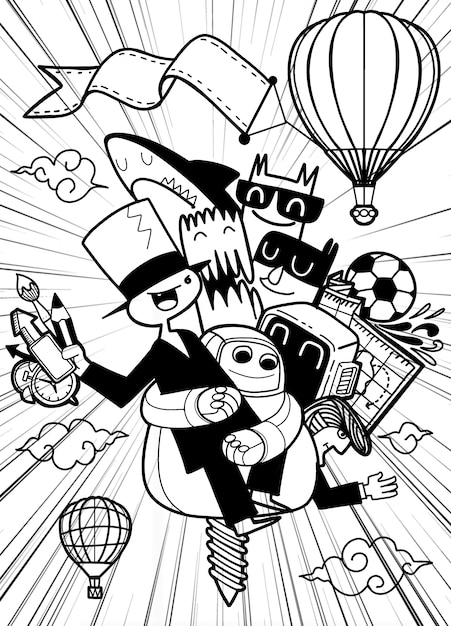 飛んでいる漫画のキャラクターのグループ