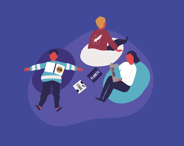 Group of cartoon child relaxing after visited planetarium vector flat illustration. three kid lying and sitting at comfortable armchair holding book isolated on purple background.