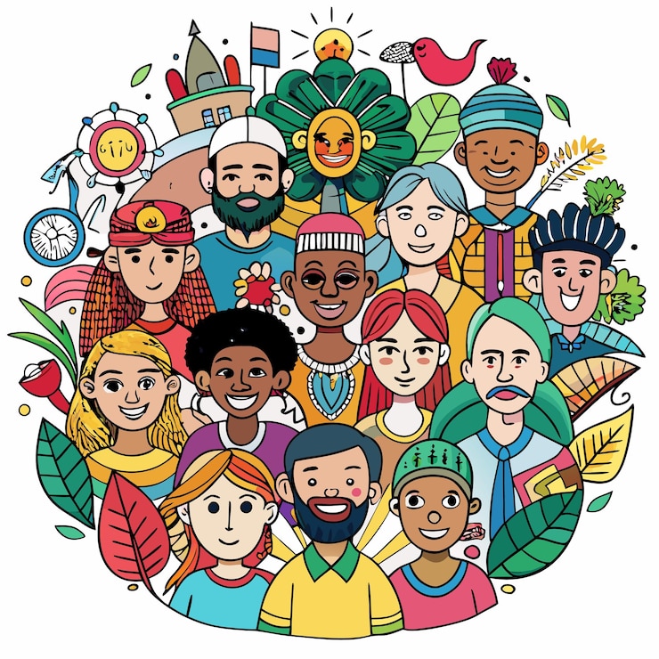 Vector group of cartoon diverse people smiling with flowers and leaves