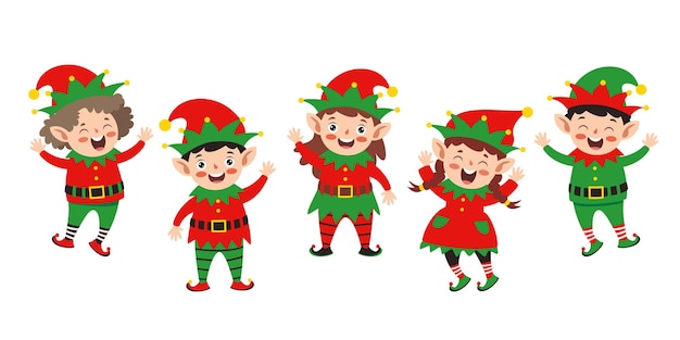 Group Of Cartoon Elfs Celebrating Christmas