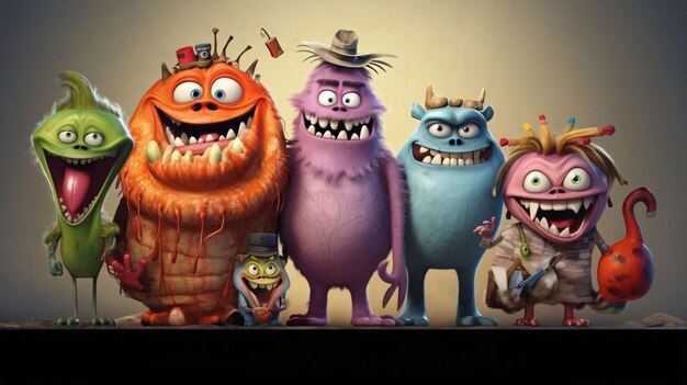 Vector group of cartoon monsters with different emotions halloween concept 3d rendering