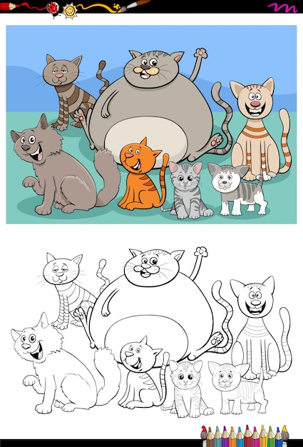 Group of cat characters, color book page