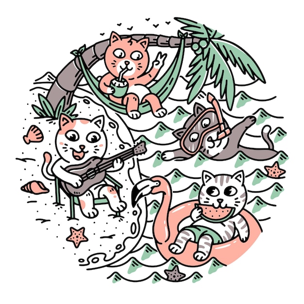 A group of cats doing activities on the beach illustration