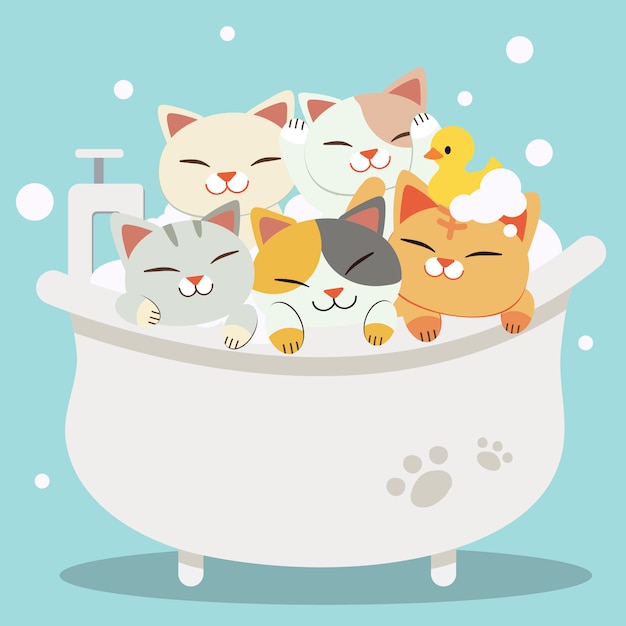 Vector the group of character cute cats taking a bath with bathtub they look very happy