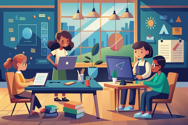 A group of children are sitting at a desk in a classroom