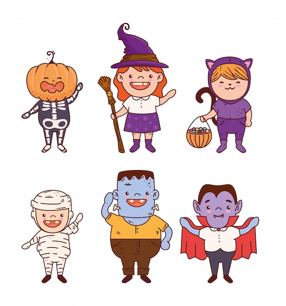 Gruppo di bambini travestiti per happy halloween illustrazione vettoriale design