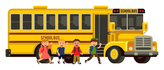 Vettore un gruppo di bambini sale sullo stile piatto degli autobus scolastici
