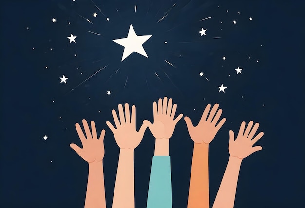 a group of children hands reaching for a star that is above them